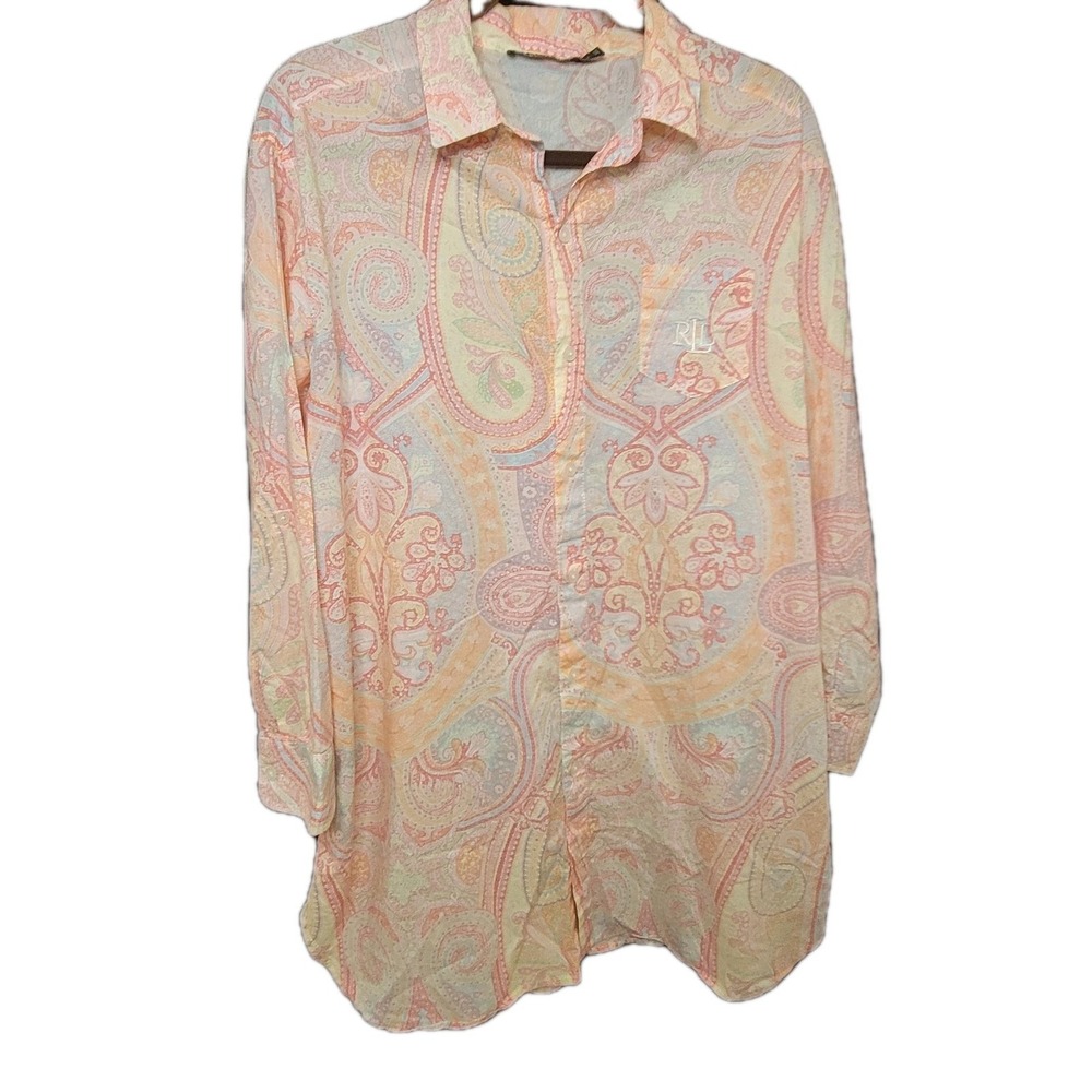 Women's Ralph Lauren Pink Paisley Sleep Shirt Size Tunic Large Front Button EUC